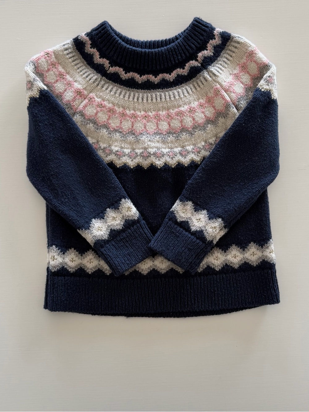 Crewcuts Navy Fair Isle Crewneck Sweater w/ Pink & Cream Accents 2T - 3T